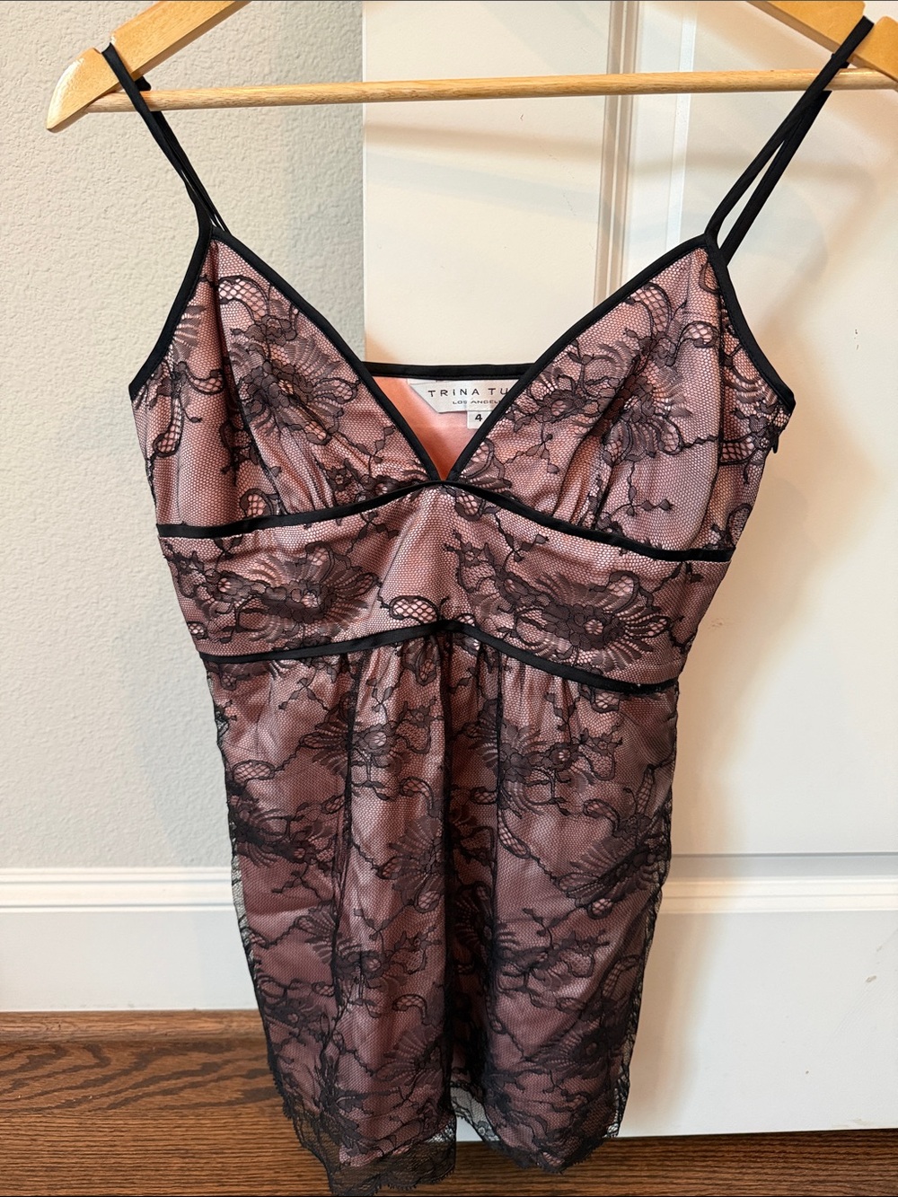 Trina Turk Rose Pink Camisole with Black Lace Overlay